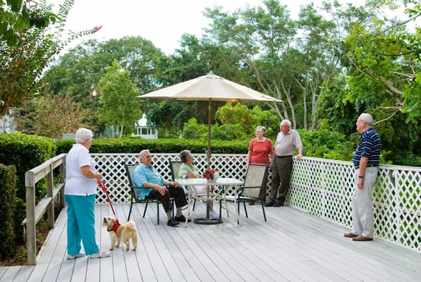 Seniors gathered on a patio with umbrellas and greenery.