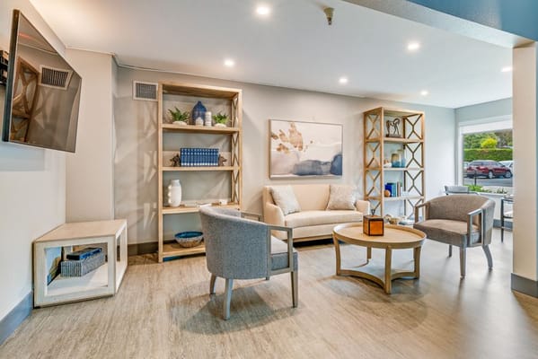 Modern living room with comfortable seating and decorative shelves