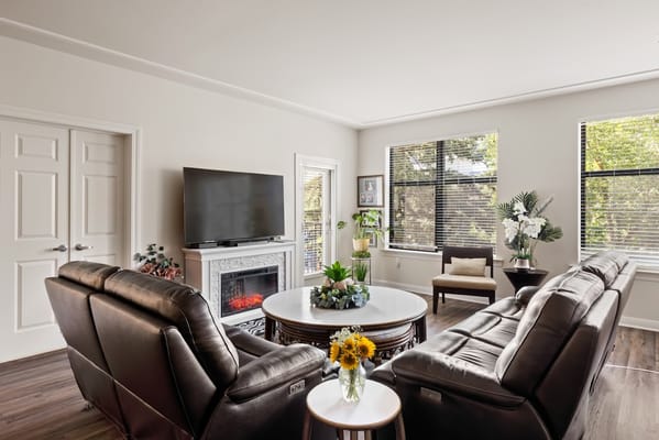 Cozy living room with leather sofas, a fireplace, and natural light.