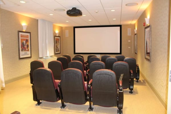 Interior view of the theater room with seating and a projector screen