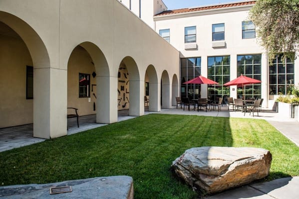 Outdoor seating area with umbrellas and green lawn