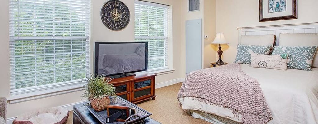 A cozy bedroom with a bed, television, and natural light from windows.