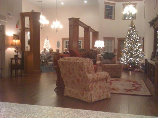 Cozy common area with decorated Christmas tree and residents