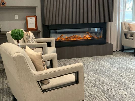 Living room seating area with modern fireplace