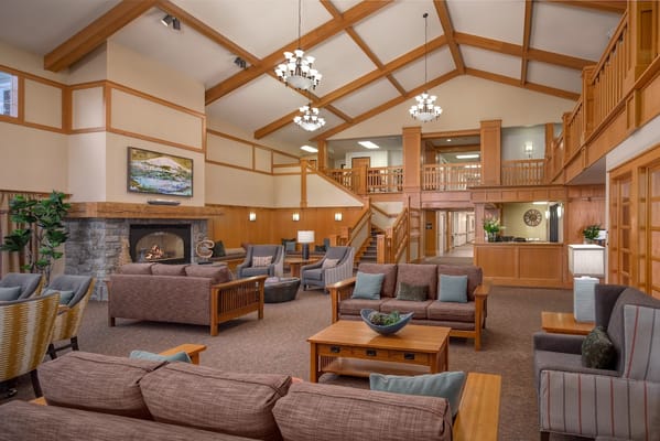 Cozy common area with seating and fireplace