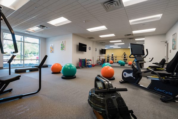 A fitness room with exercise equipment and therapy balls
