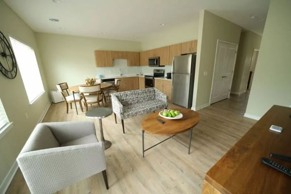 Interior view of a senior living apartment with modern decor
