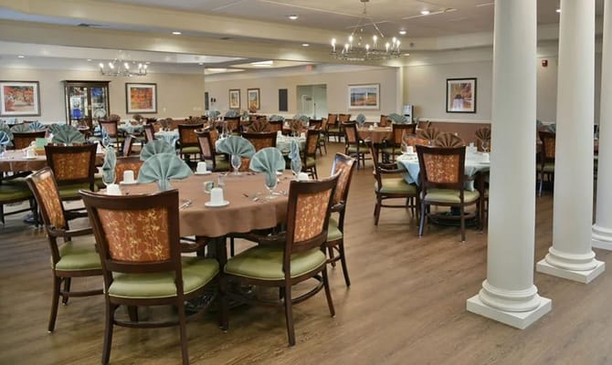 Well-appointed dining room with tables set for meals at TigerPlace