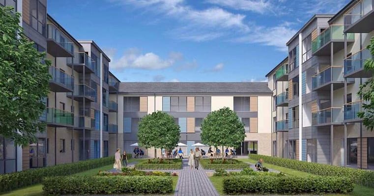 Courtyard view of Tree Top Village with residents and greenery.