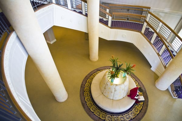 Aerial view of the lounge area with a plant arrangement and a resident reading.