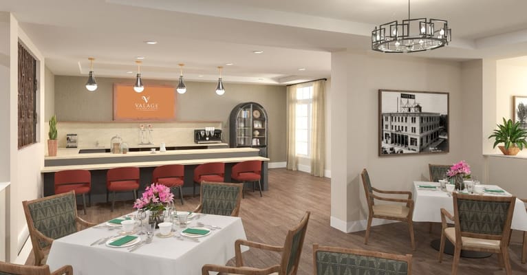 Elegant dining area with tables set for meals