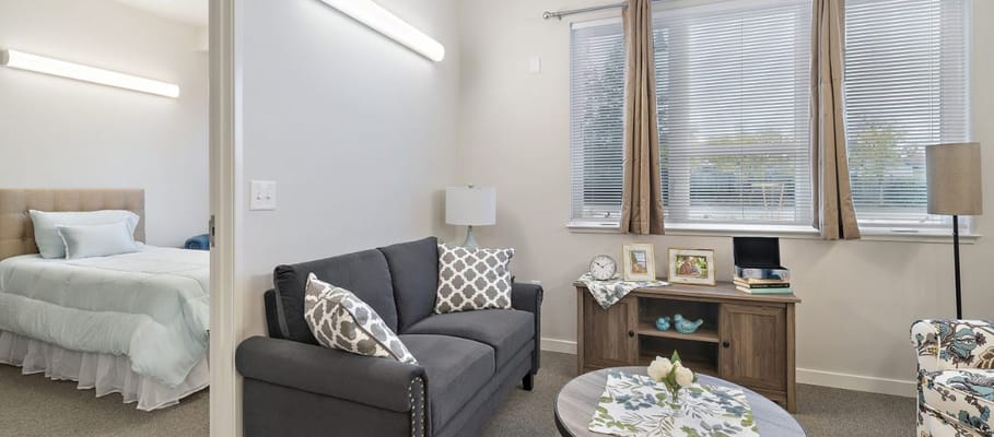 Living room with a gray sofa, decorative pillows, and a view of a bedroom.