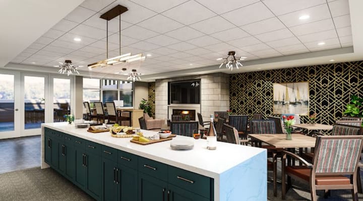 Spacious dining area with tables, chairs, and a fireplace