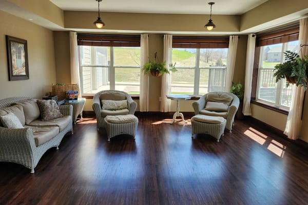 Bright interior common area with comfortable seating