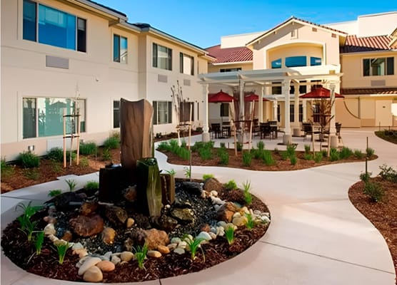 Beautiful outdoor courtyard with fountains and seating