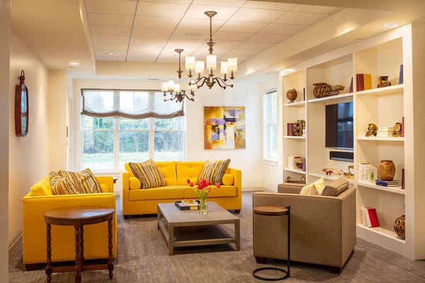 Bright living room featuring yellow sofas and bookshelves