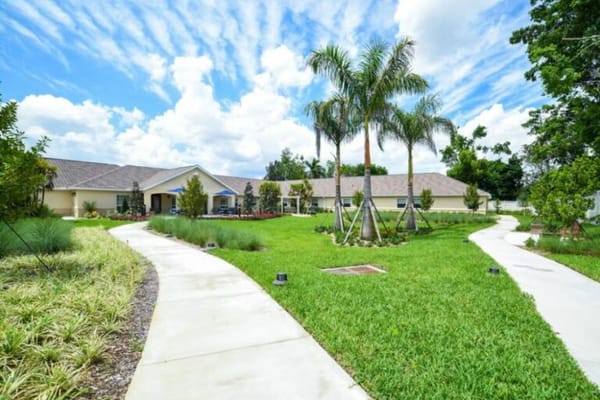 Lush outdoor area with trees and walking paths