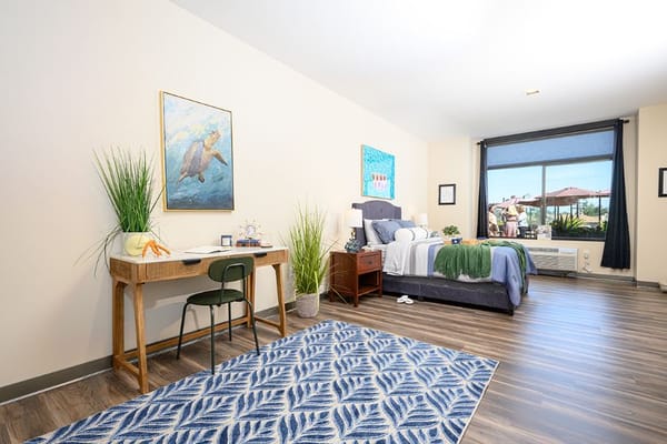 Brightly decorated resident room with a view