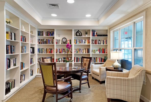 Cozy reading area with bookshelves and seating