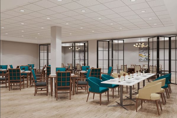 Interior dining area with modern seating