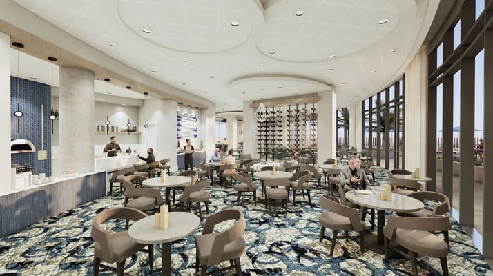 Modern dining area with tables and seating in The International at Aventura.