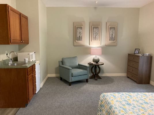 Cozy living room with a kitchenette, chair, and lamp