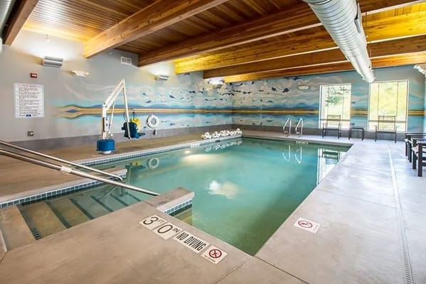 Indoor swimming pool with decorative mural.
