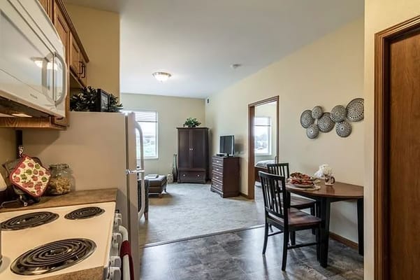 Interior view of a kitchen and living area in a senior apartment