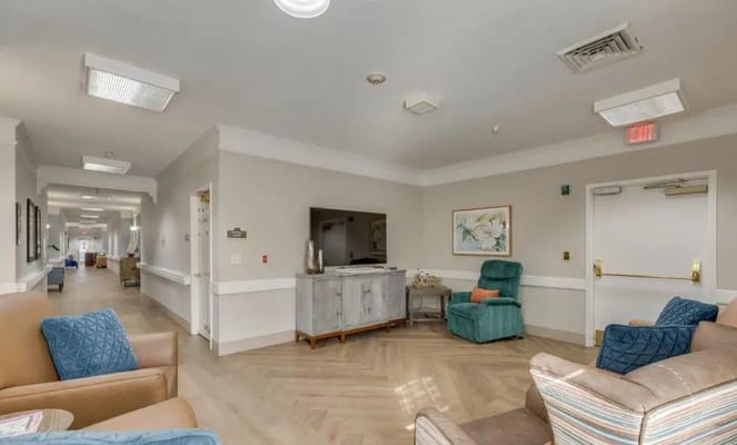 Bright lobby area with seating and decor