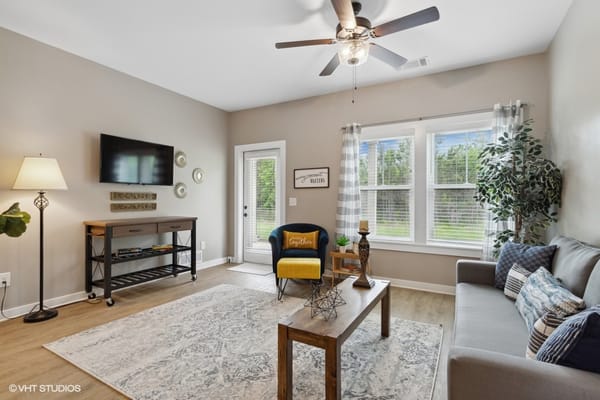 Inviting living room with natural light and modern decor