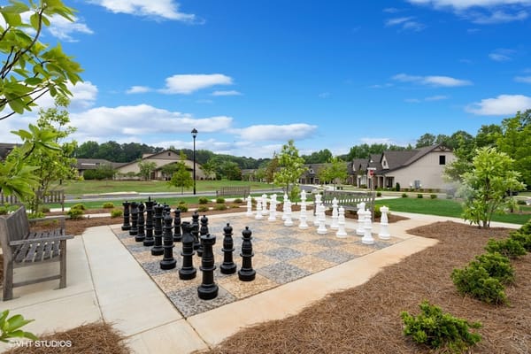 An outdoor chess court with large black and white pieces surrounded by greenery.