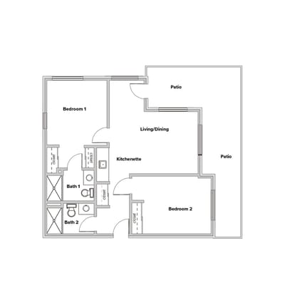 Architectural floor plan of a two-bedroom unit