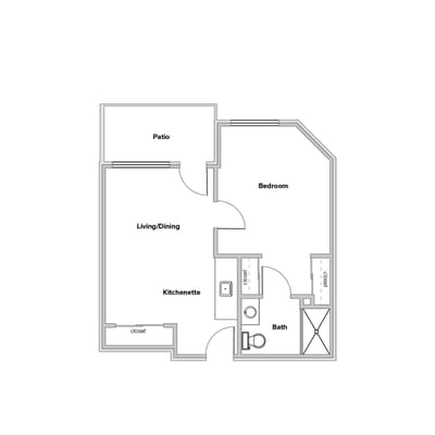 Architectural floor plan of a one-bedroom unit