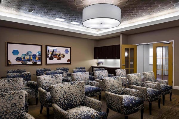 Interior view of a common area with seating