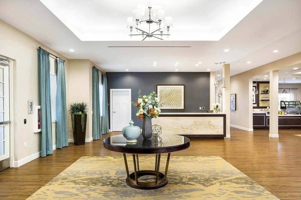 Bright and welcoming lobby area with floral decor