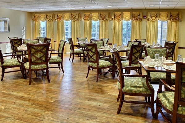 Dining area with tables and decorated windows
