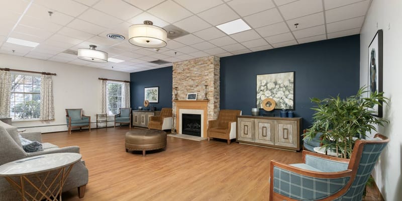 Interior view of a common area with seating