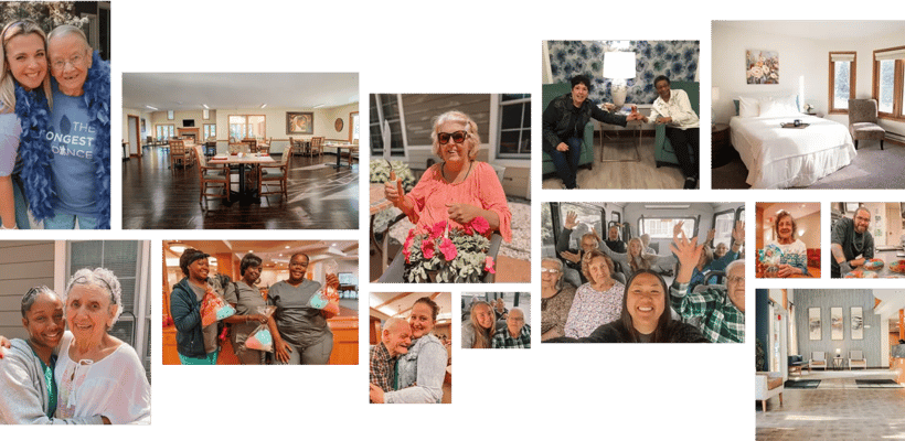 Residents engaging in various activities and socializing in shared spaces