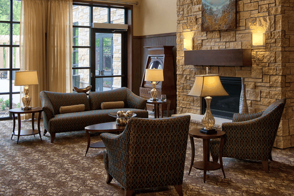 Interior of a cozy common area with seating