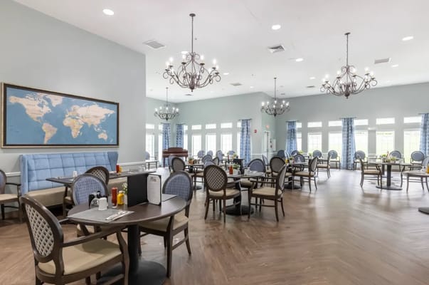 Bright dining room with tables and decor