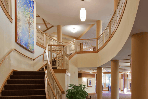 Interior view of a multi-level staircase in the facility