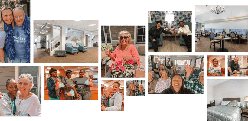 Residents and staff engaging in activities and enjoying common areas