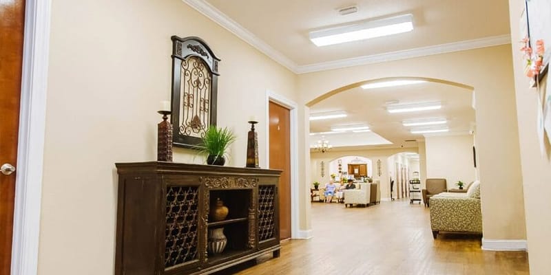 Interior hallway of an assisted living facility