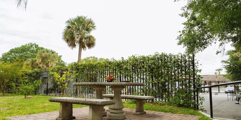 Outdoor seating area with a garden view