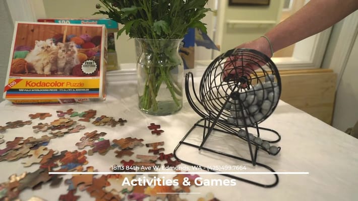 Residents playing bingo with puzzles and games