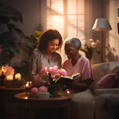 Resident reading with a caregiver in a cozy living room