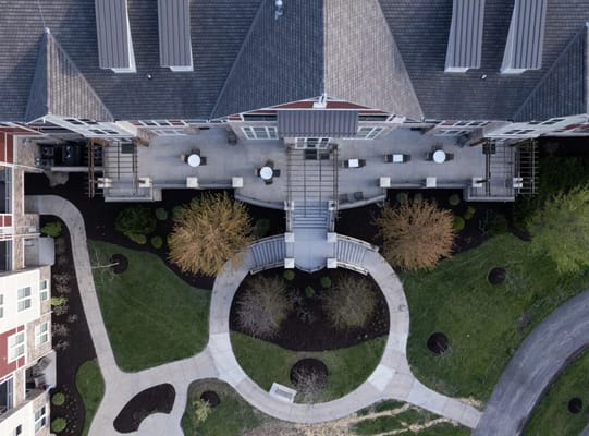 Aerial view of the outdoor spaces and pathways