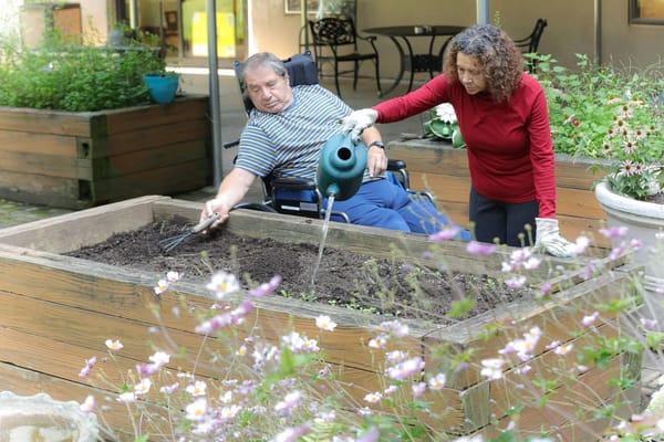 Residents gardening in a raised bed outdoors