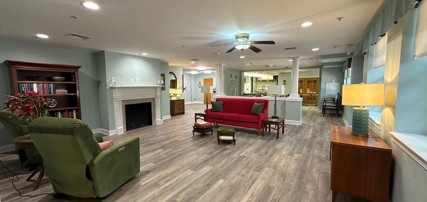 Bright common area with seating and decor
