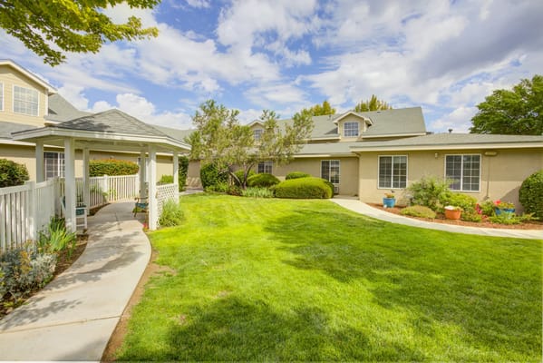 Exterior view of a senior living facility courtyard